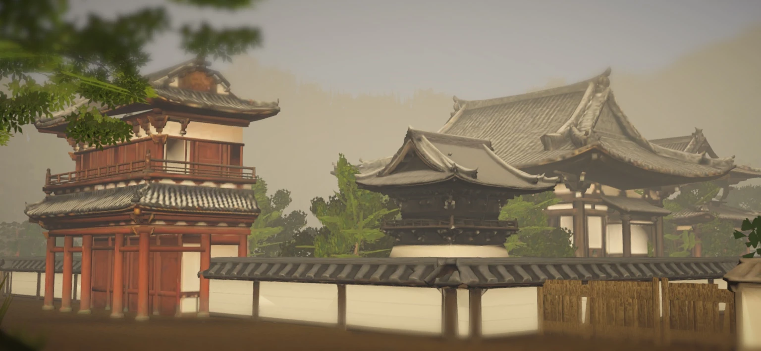 朝霧の中に建つ大徳寺の山門と伽藍を望むゲーム画面