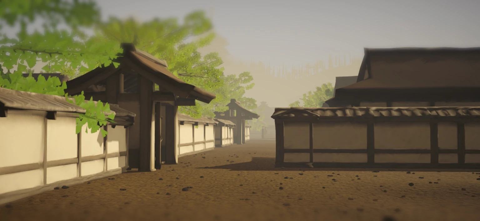 白壁と門が続く上京の武家屋敷の通りを描いたゲーム画面