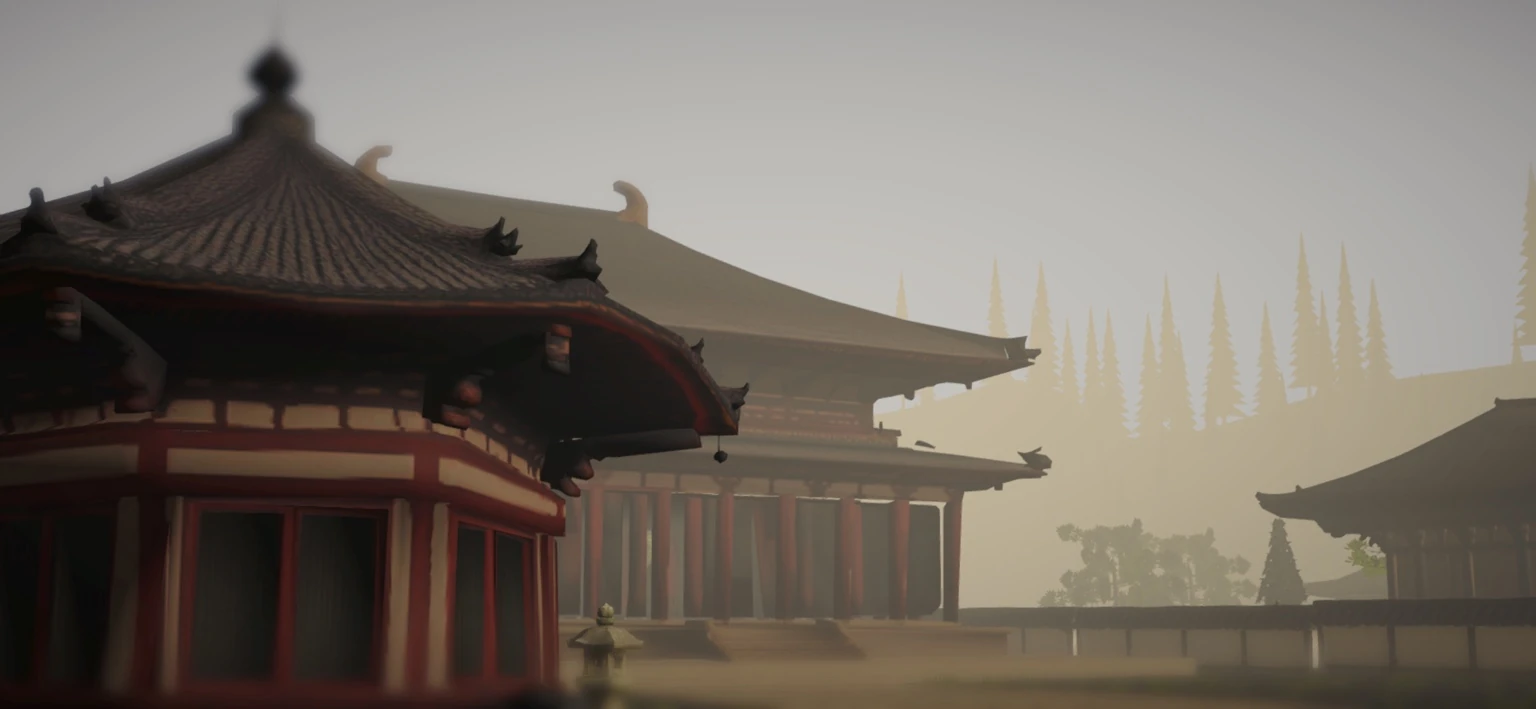 霧の中に佇む興福寺の堂塔を望むゲーム画面