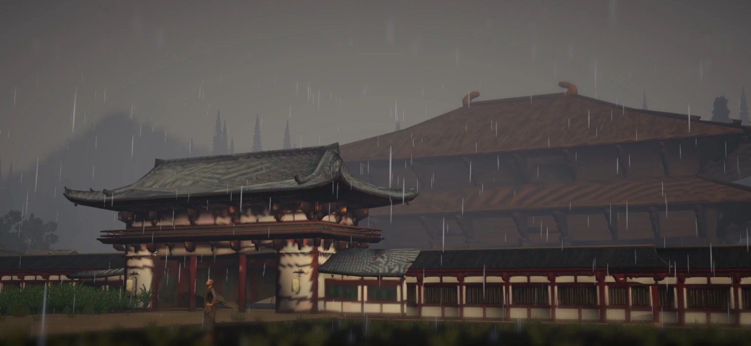 雨に煙る東大寺大仏殿と周辺の建築